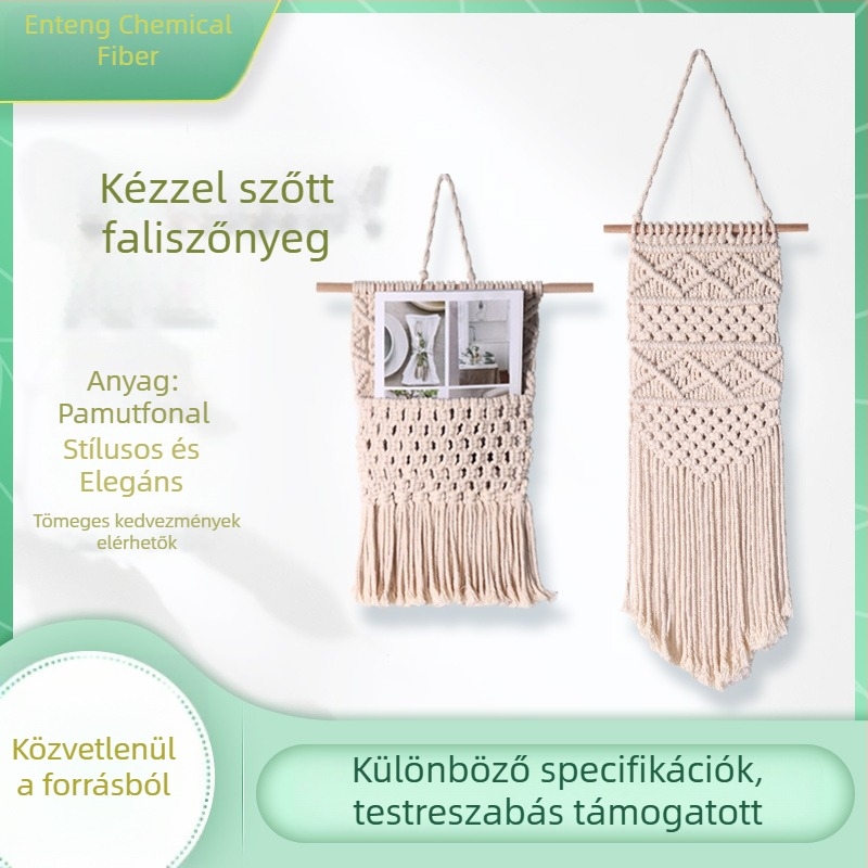 Kézzel szőtt falikép pamutszálból, bojtokkal, boho stílusú falidekor