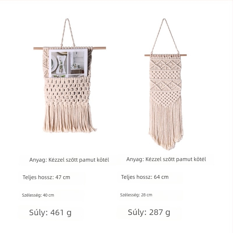 Kézzel szőtt falikép pamutszálból, bojtokkal, boho stílusú falidekor