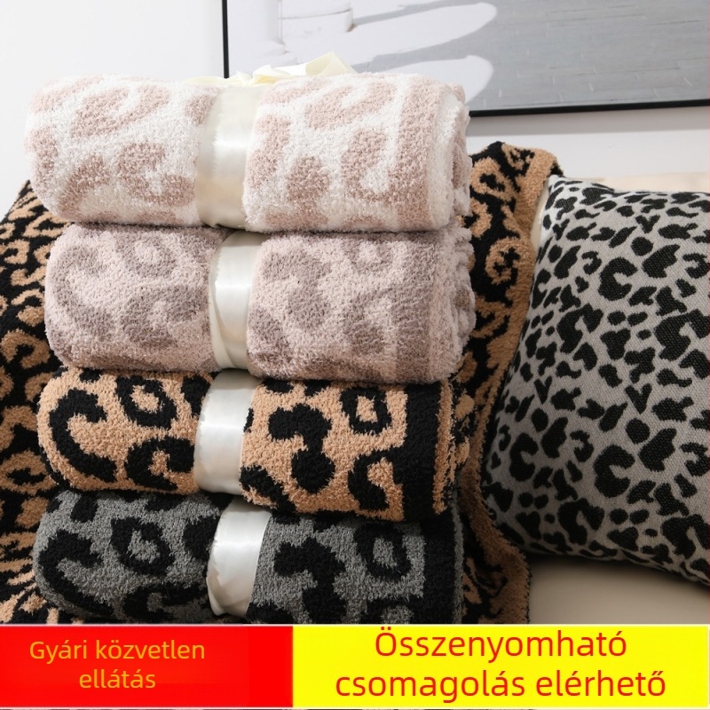 Kötött pléd leopárd mintával, jacquard szövés, egyoldali plüss felülettel, kanapéra, tatami ágytakaróra és autóban használható