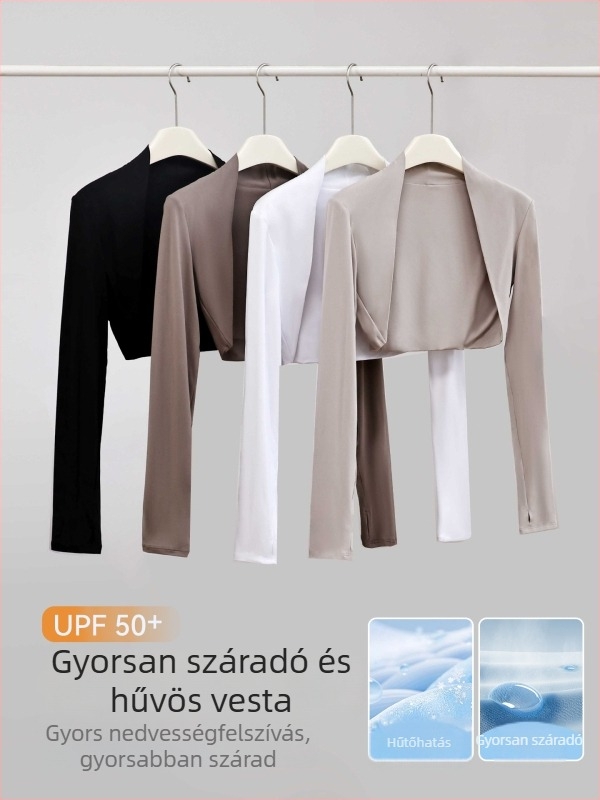 Köpeny-stílusú, gyorsan száradó UV-védett hosszú ujjú felső, ultra-rövid hossz, gombmentes, poliészter-spandex keverék