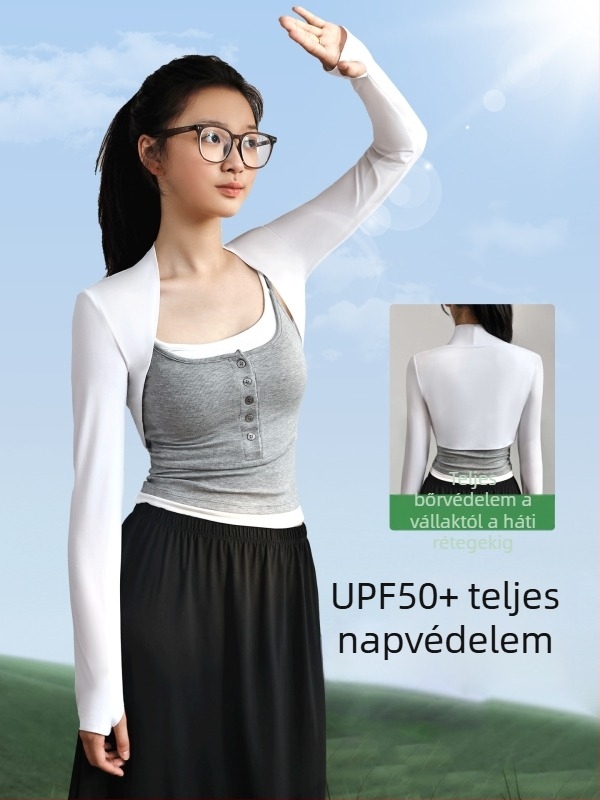 Köpeny-stílusú, gyorsan száradó UV-védett hosszú ujjú felső, ultra-rövid hossz, gombmentes, poliészter-spandex keverék