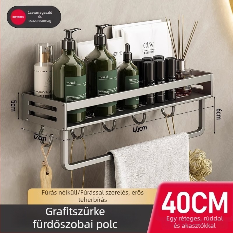 Fürdőszobai falra szerelhető polc, 1 réteg, fúrás nélküli, CE tanúsítvány