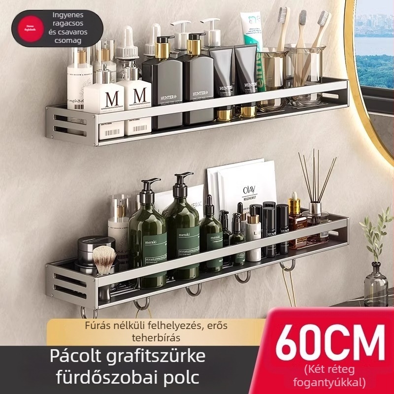 Fürdőszobai falra szerelhető polc, 1 réteg, fúrás nélküli, CE tanúsítvány