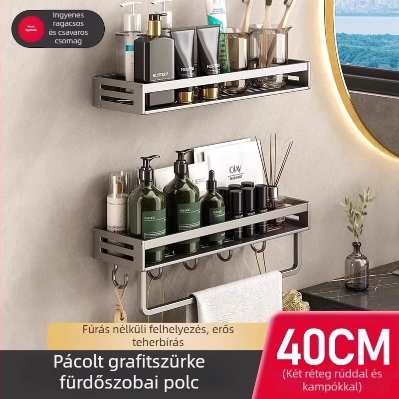 Fürdőszobai falra szerelhető polc, 1 réteg, fúrás nélküli, CE tanúsítvány