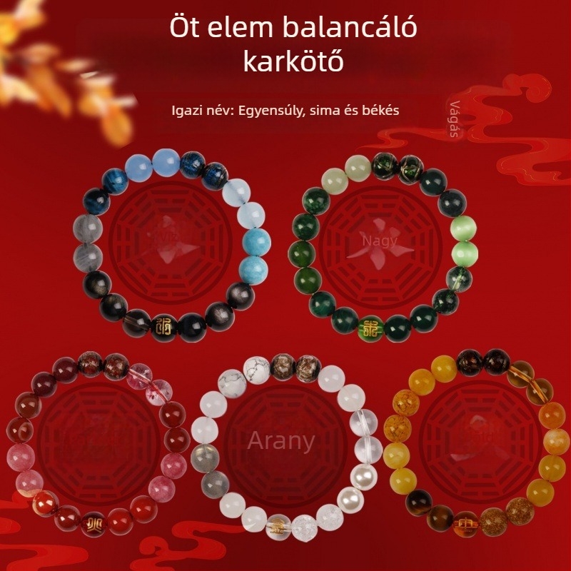Uniszex természetes kristály achát karkötő, kézzel készült, Conner Jewelry, Öt elemi egyensúly, üzleti ajándék