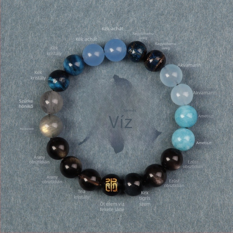 Uniszex természetes kristály achát karkötő, kézzel készült, Conner Jewelry, Öt elemi egyensúly, üzleti ajándék