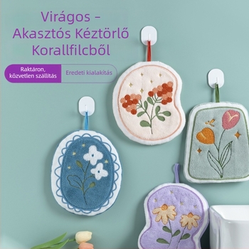Akasztós virág alakú kéztörlő, vastag coral velvet anyagból, 150D, hímzés és sík szövés