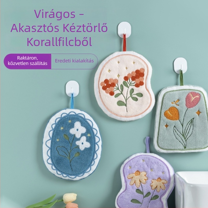 Akasztós virág alakú kéztörlő, vastag coral velvet anyagból, 150D, hímzés és sík szövés