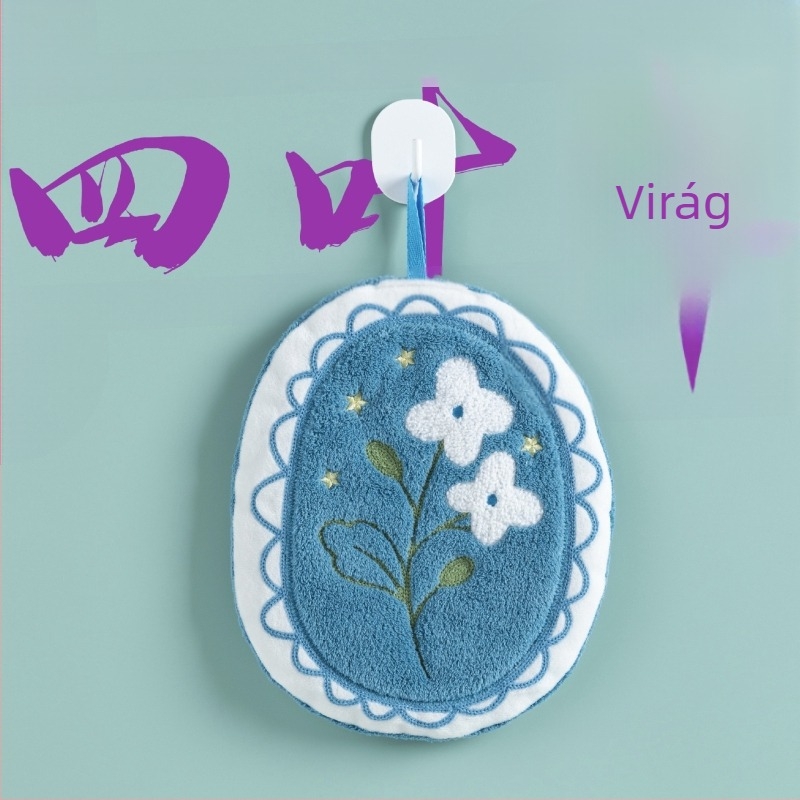 Akasztós virág alakú kéztörlő, vastag coral velvet anyagból, 150D, hímzés és sík szövés