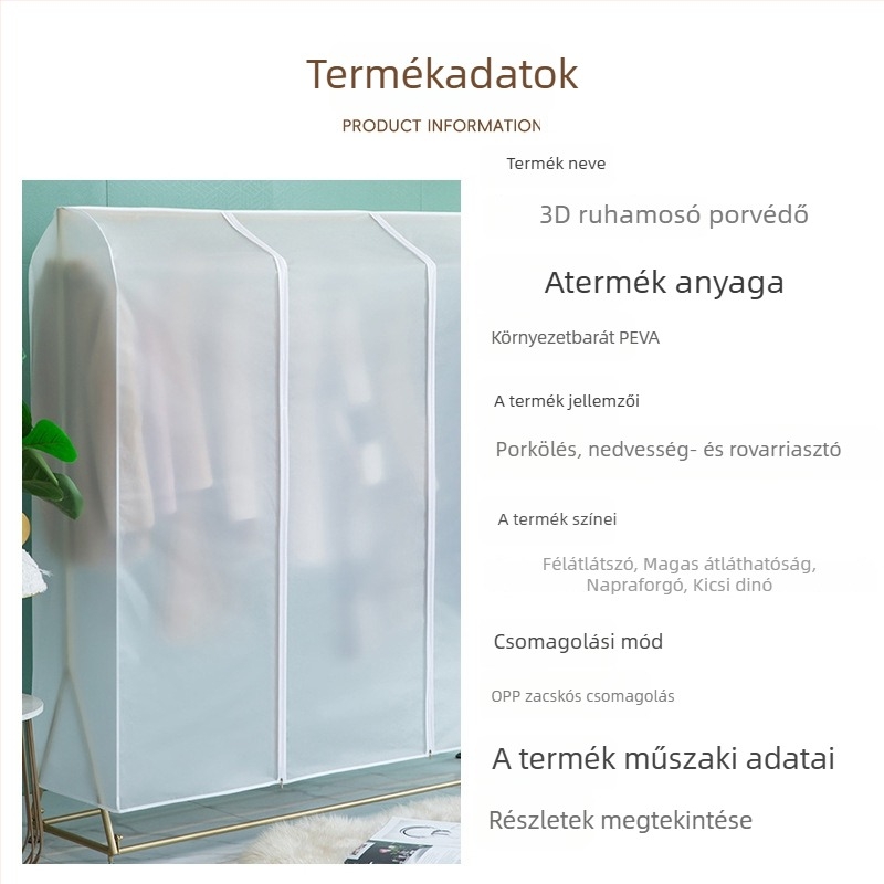 Padlón álló átlátszó ruhavédő huzat, PEVA anyagból, por- és nedvességálló, mosható és összecsukható