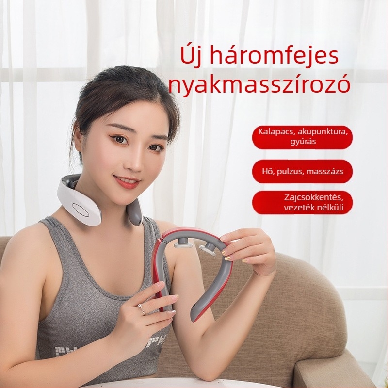 Hordozható nyaki masszírozó háromfejű fűtéssel a nyak és vállak számára; funkciók: akupunktúra, masszázs, ujjnyomás, gyúrás, ütögetés; működés: akkumulátor (Model 20020; Akkumulátorral működik; Háromfejű fűtés; Nyakra és vállakra; Funkciók: akupunktúra, ma