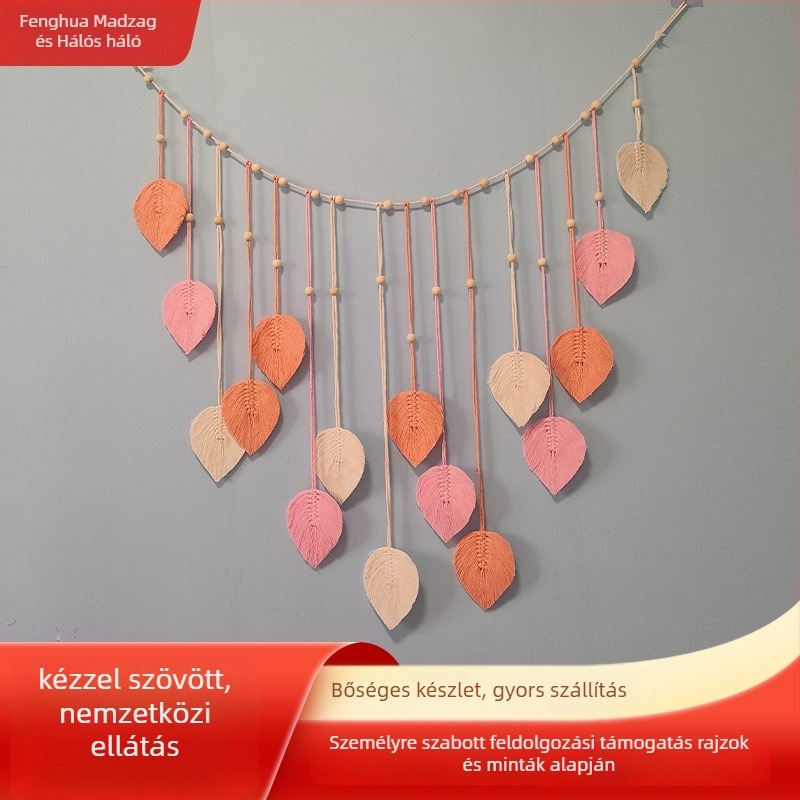 Levél mintás falikárpit, pamut, kézzel szőtt, északi stílus, téglalap