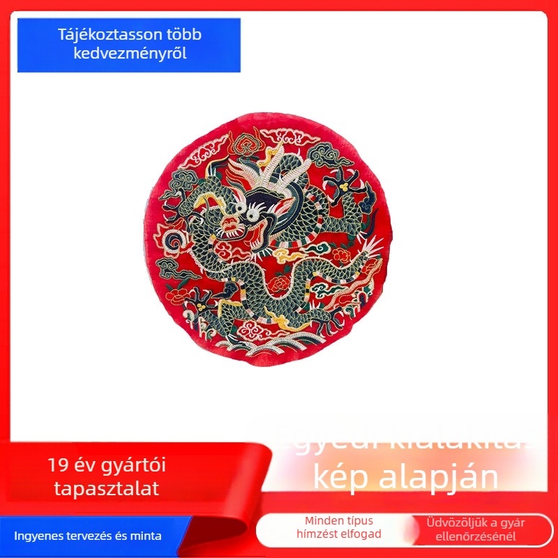 Kínai stílusú kör alakú sárkány mintás hímzett textil applikáció, hímzőfonal, vízoldható hímző háttér