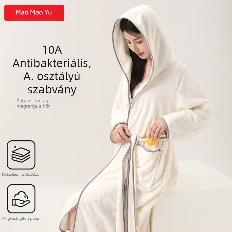 Korall fleece-ből készült fürdőköntös kapucnival, téli vastag, wrap-stílus, nedvszívó, puha a bőrnek, uniszex