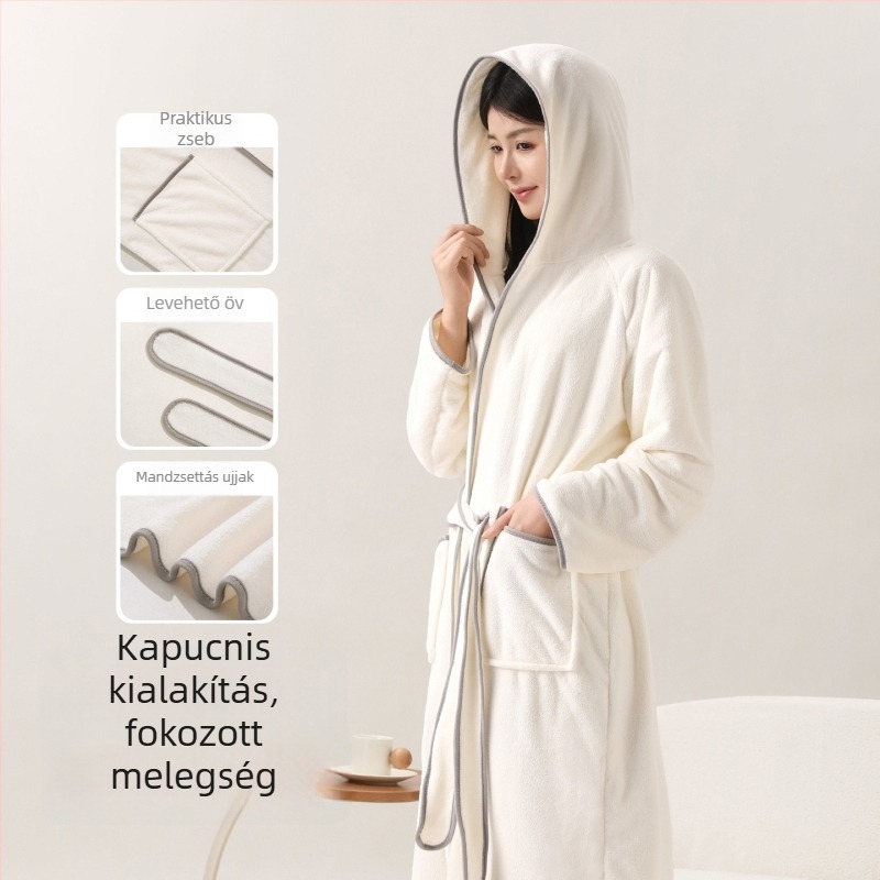 Korall fleece-ből készült fürdőköntös kapucnival, téli vastag, wrap-stílus, nedvszívó, puha a bőrnek, uniszex