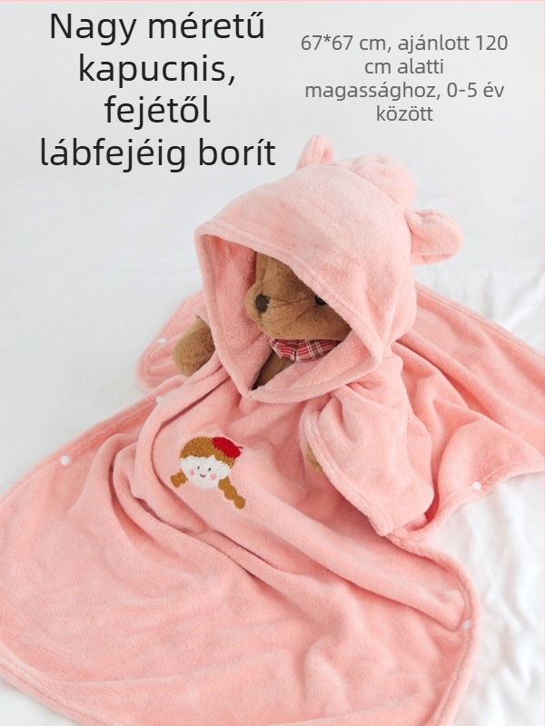 Gyermek fürdőköntös kapucnival, Cartoon stílus, korall velúr, nedvszívó, 1–3 éveseknek