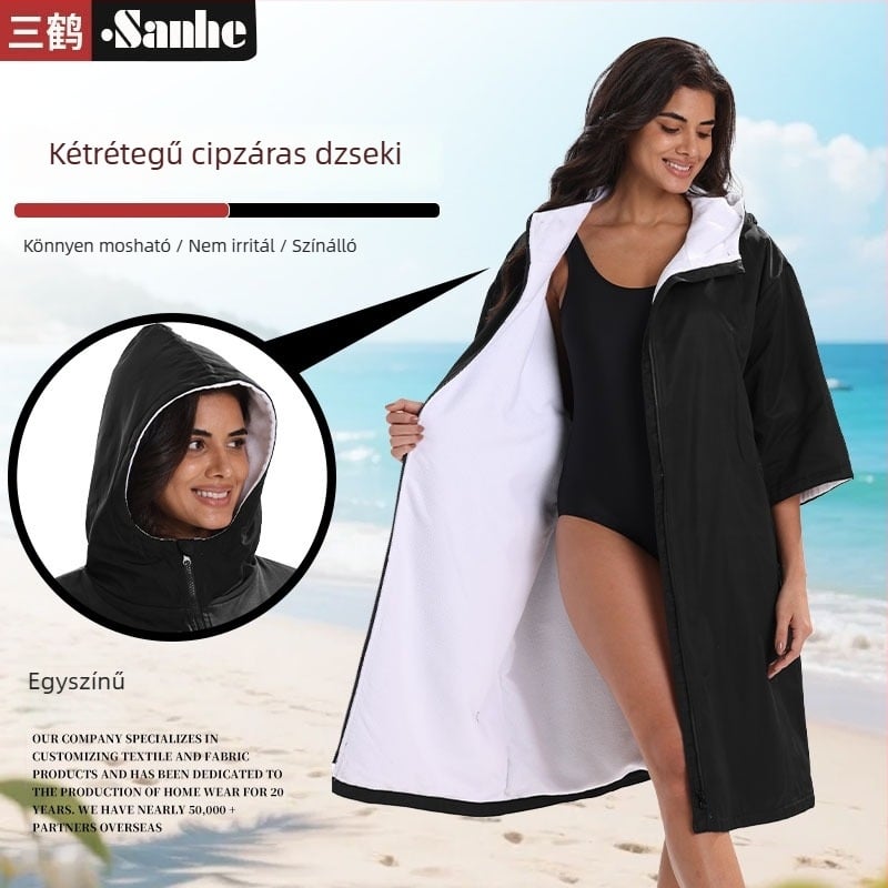 Bársonyos, vastag, hosszú ujjú váltóköntös, meleg és szélvédett a strandon, úszáshoz és snorkelinghez