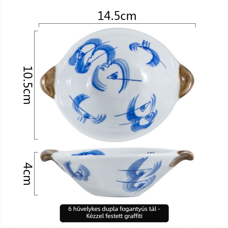Japán-stílusú kézzel festett aláglazúrozott porcelán gyümölcstál és mártótálak készlete ovális formájú tálakkal, csíkos mintával, mikrohullámú sütőben használható
