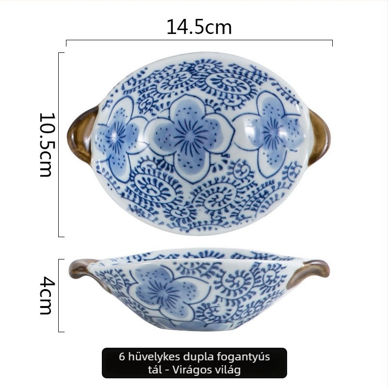 Japán-stílusú kézzel festett aláglazúrozott porcelán gyümölcstál és mártótálak készlete ovális formájú tálakkal, csíkos mintával, mikrohullámú sütőben használható