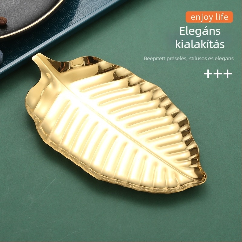 Levél alakú rozsdamentes acél lapos tál virágos mintával, modern minimalista stílus; logó nyomtatás és testreszabás elérhető