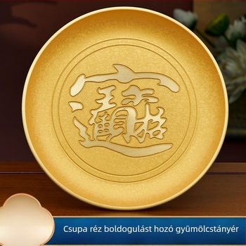 Sárgaréz gyümölcstál felajánlásokhoz, magas lábú, gravírozott felülettel, kínai stílusú, Hongtai márka