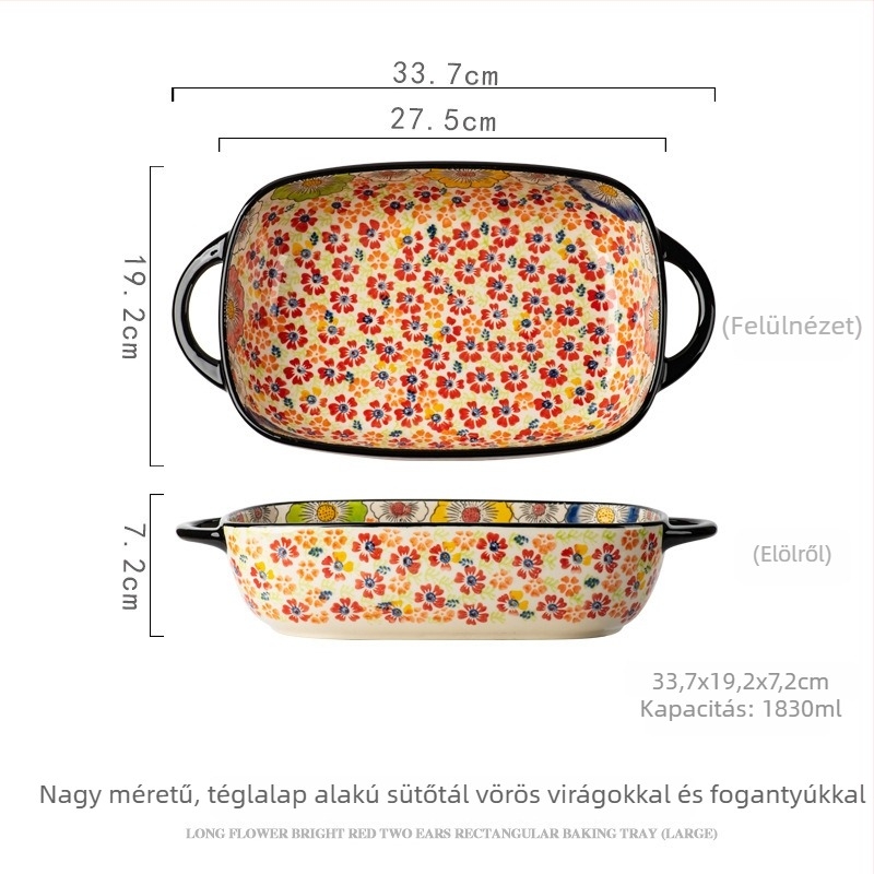 Kerámia sütőedény, szabálytalan alak, virágos mintázat és bohém fogantyúval, mikrohullámú sütőben használható