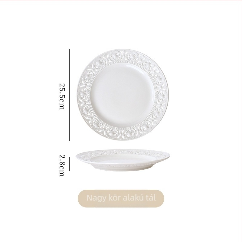 Porcelán tányér virágos relief, retro francia stílus, kerek forma, mikrohullámú sütőben is használható