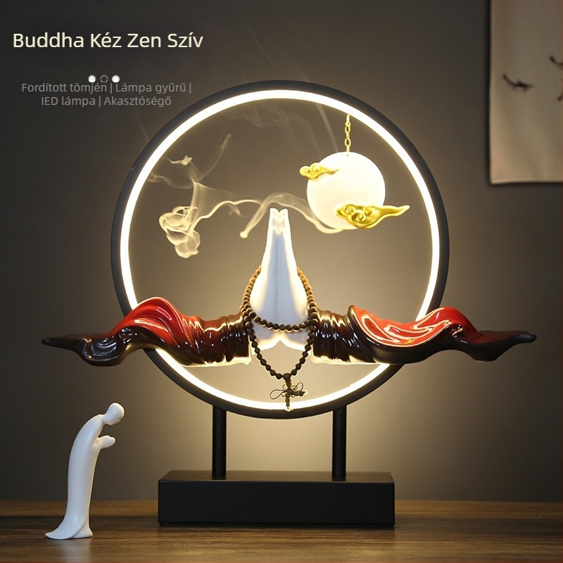 Porcelán Buddha szobor irodai asztalhoz, új kínai stílusú Zen dekoráció kerámiás lógó elemmel és fa karkötővel