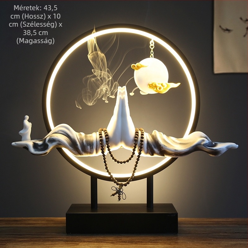 Porcelán Buddha szobor irodai asztalhoz, új kínai stílusú Zen dekoráció kerámiás lógó elemmel és fa karkötővel