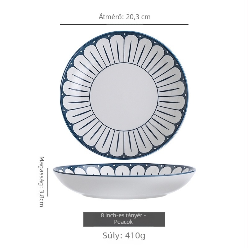 Japán-stílusú porcelán tányérkészlet underglaze virágos mintával, kerek formájú, mikrohullámú sütőben használható