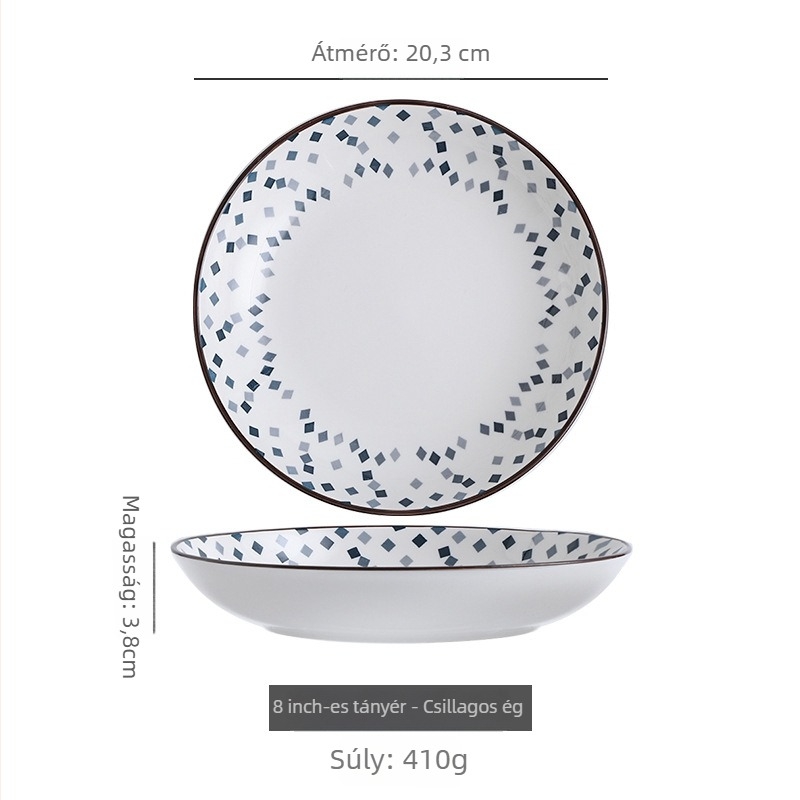 Japán-stílusú porcelán tányérkészlet underglaze virágos mintával, kerek formájú, mikrohullámú sütőben használható
