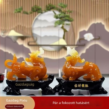 Pixiu gyanta szobor - kínai stílus, gravírozott és kézzel festett, otthoni dekoráció: nappali, hálószoba, iroda és előszoba (Anyag: gyanta; Gravírozás, kézi festés; Stílus: kínai)