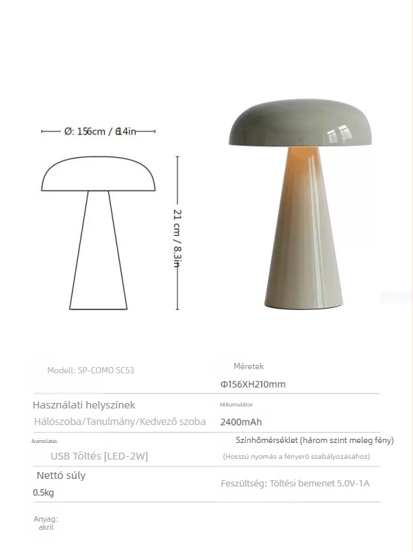 Gomba alakú USB-töltővel ellátott ambient fényű asztali lámpa, modell Xy36, műanyag tartó, modern minimál stílus