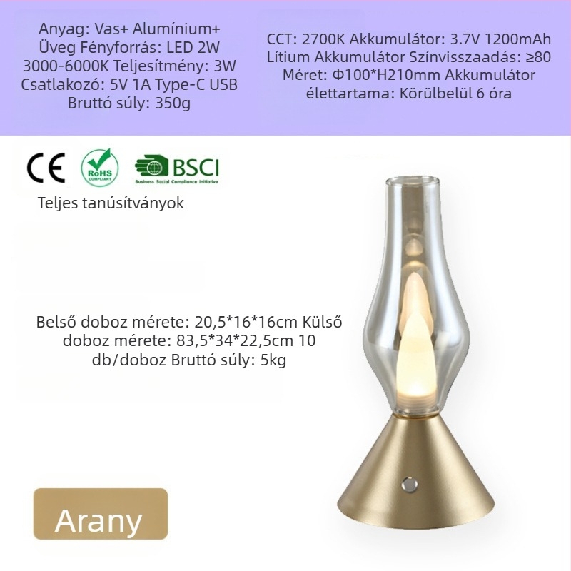 NHCL-020 Antik klasszikus üveg asztali lámpa fém tartóval, érintéses dimmerrel és éjjeli fény funkcióval