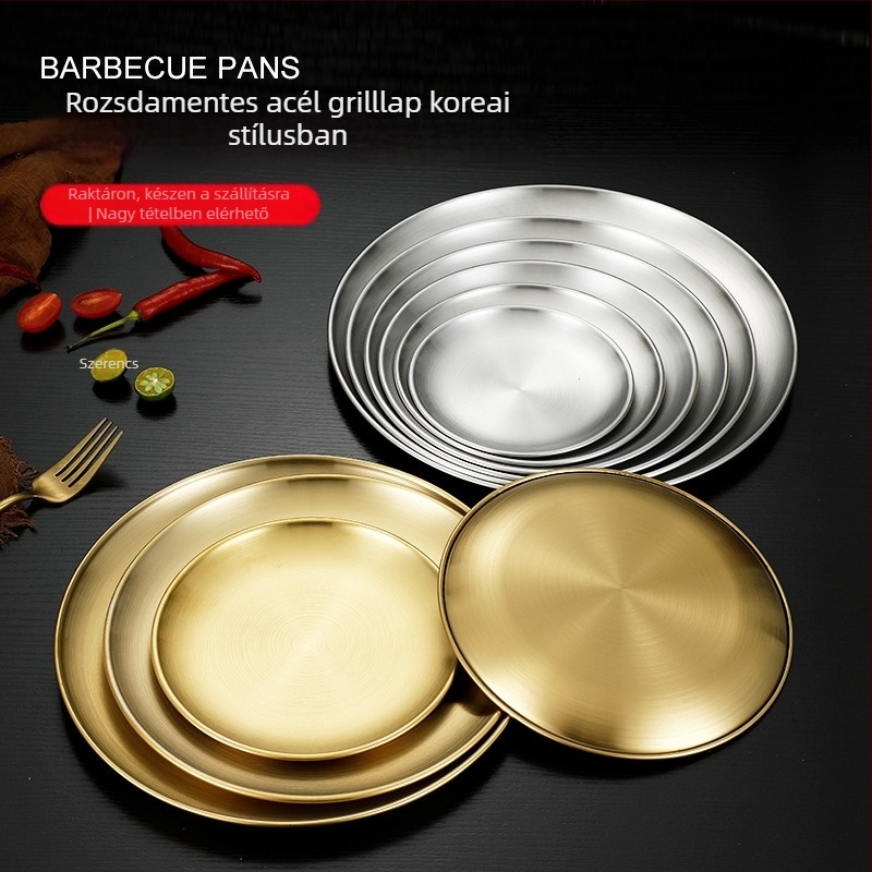 Rozsdamentes acél BBQ tál, kerek, elektroplatinált felület, nordic stílus, egységes mintázat