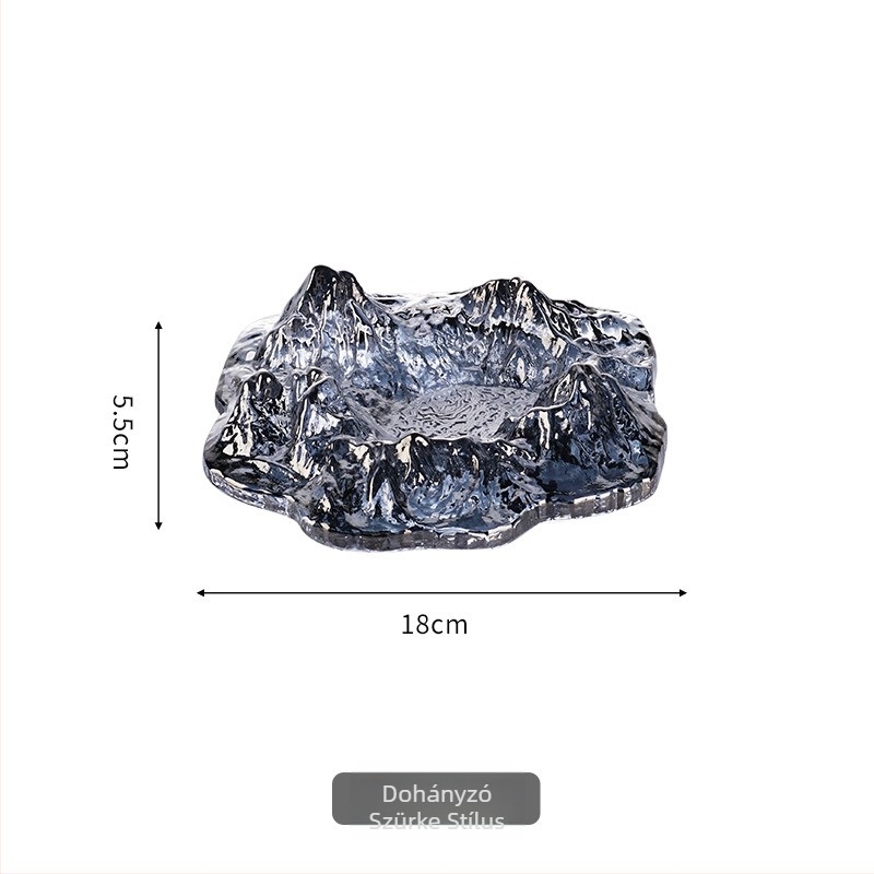 Európai stílusú üveg hamutál jéghegy és hófödte hegy motívummal; dekoratív és gyűjteménydarab otthonra, bárba vagy irodába.
