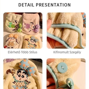 Kedves hímzett Shin-Chan hajszárítókupak, korall plüss, 150d fonal, hat szálas konstrukció, súly kevesebb mint 30 g, 3D masni turbán