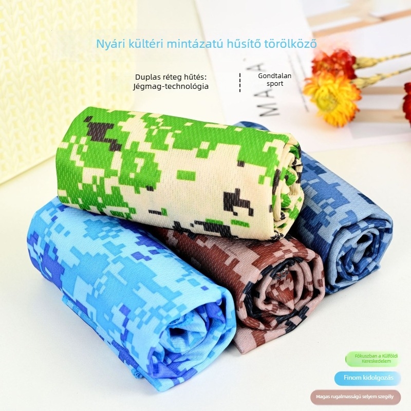 Hűsítő nyomtatott sporttörölköző – Poliészter, 130 g/m², logó nyomtatva, vízfelvétel 0–5 s, hűtő funkció