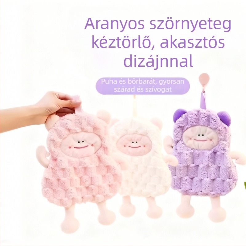 Kéztörlő akasztóval, aranyos rajzfilm motívummal, magas nedvszívás, gyors száradás, nem okoz kellemetlen szagot, gyerekeknek a konyhába és a fürdőszobába