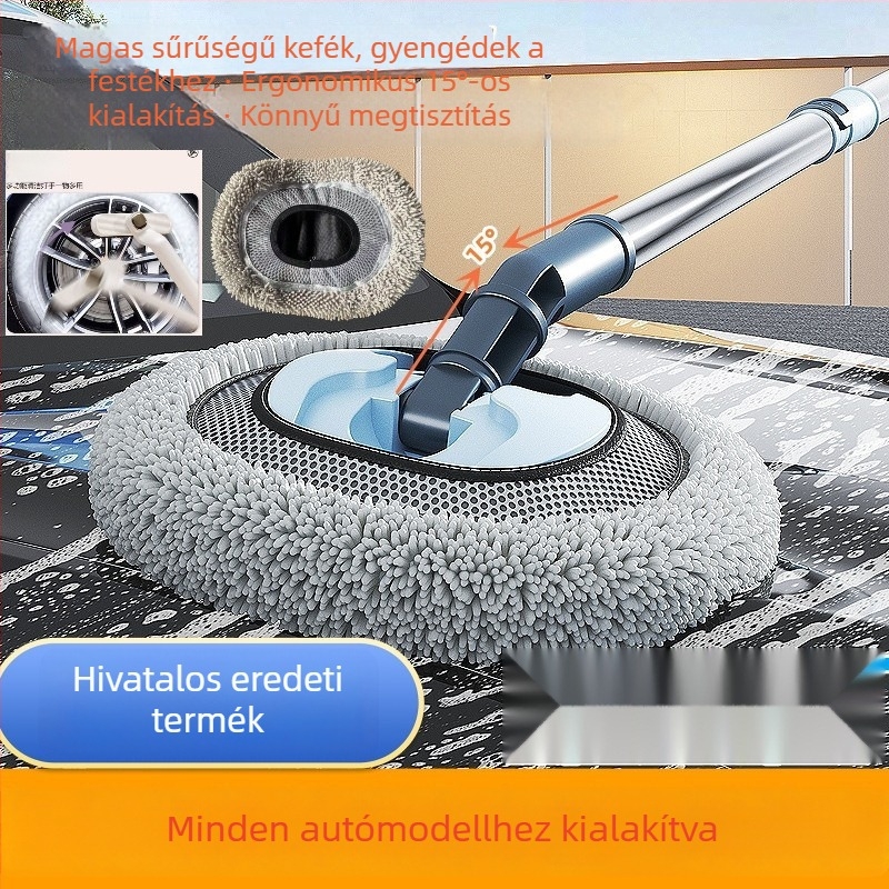 Teleszkópos autómosó mop puha sörtékkel és ívelt rúddal, rozsdamentes acél nyéllel, védi a fényezést