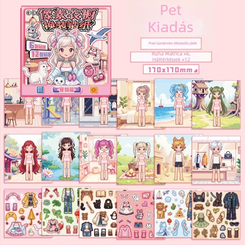 Xinmo Pixel ruhásszekrény felöltöztető matricák könyve – bevont papír, pixeles stílus, matricák és nyomtatás, kézzel készített