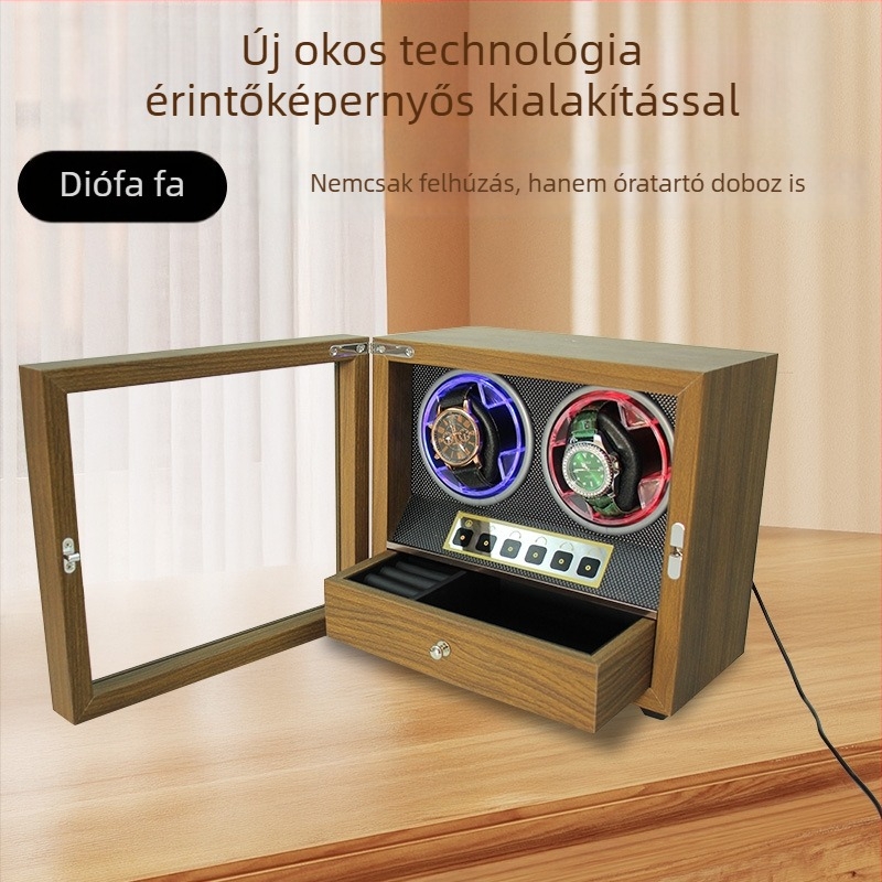 Készleten lévő luxus órák és ékszerek tároló doboz mechanikus automata felhúzóval és fiókkal, diófa — Ruijia