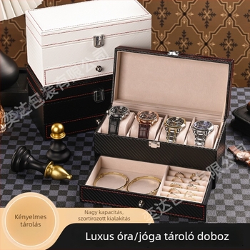Két rétegű óra- és ékszerdoboz, 4 rekesz, PU bőr + MDF, készleten, márka Yida, ékszerek csomagolására