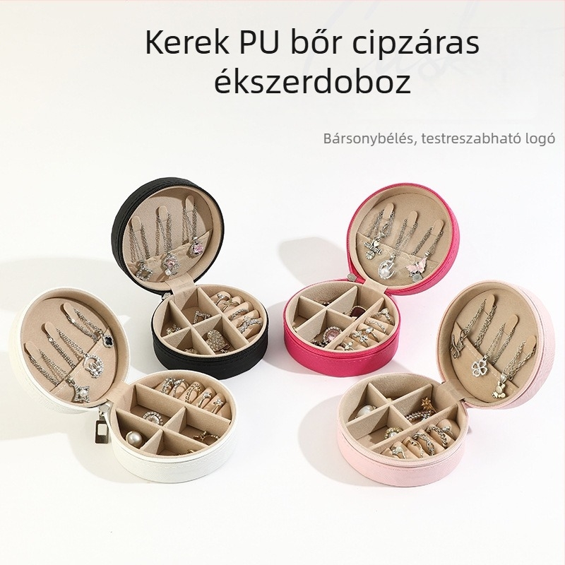 Kör alakú PU bőr ékszeres doboz, Ins stílus, cipzárral – ékszerek tárolására és bemutatására