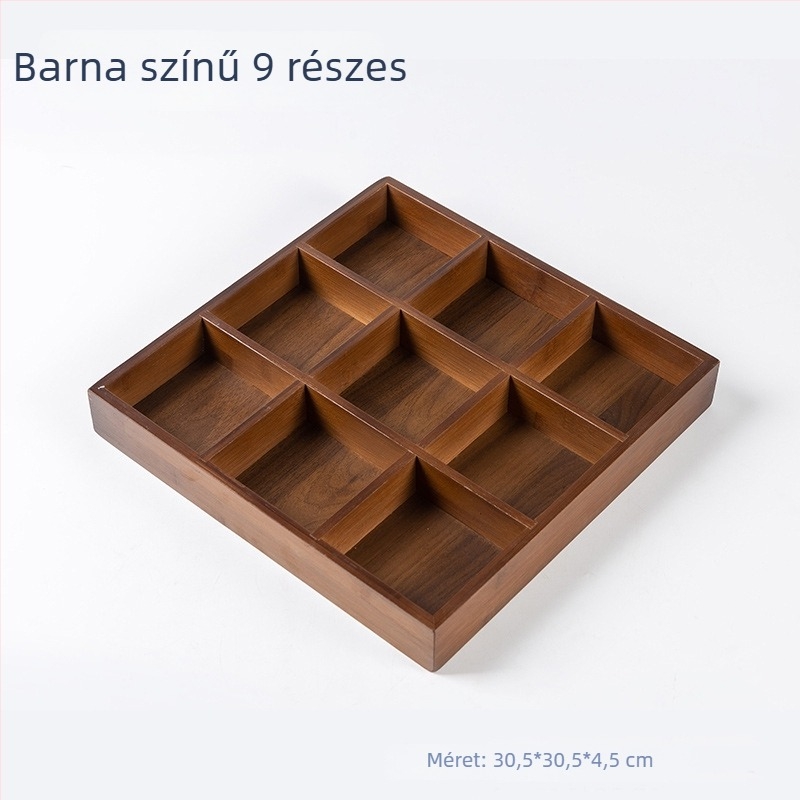 Bambuszfa teás tálca kilenc rekesszel, gyümölcs- és nassolnivaló tál, retro luxus stílus