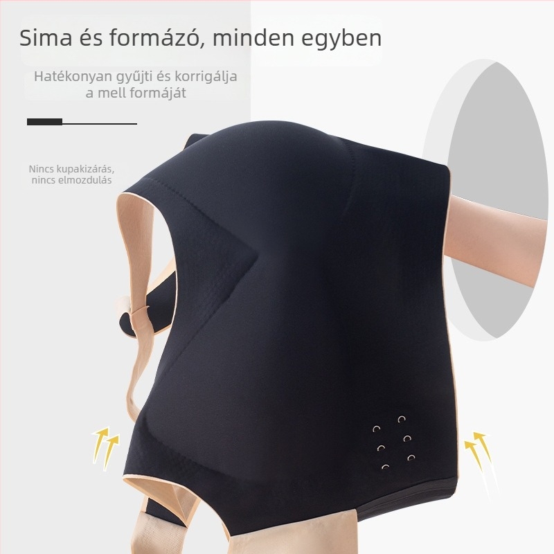 Varrat nélküli női melltartó elöl záródással, keresztezett vállpántokkal a hátsó formázásért, bandeau stílusú, drót nélküli, feszesség megőrzése