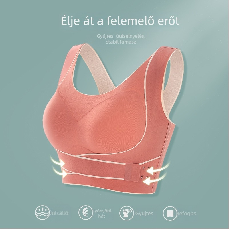 Varrat nélküli női melltartó elöl záródással, keresztezett vállpántokkal a hátsó formázásért, bandeau stílusú, drót nélküli, feszesség megőrzése