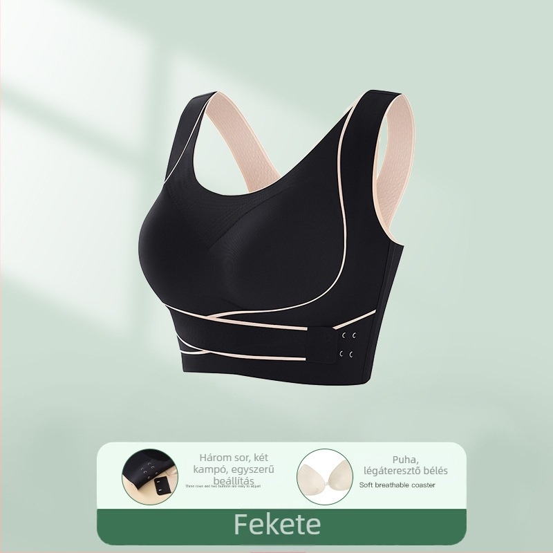 Varrat nélküli női melltartó elöl záródással, keresztezett vállpántokkal a hátsó formázásért, bandeau stílusú, drót nélküli, feszesség megőrzése