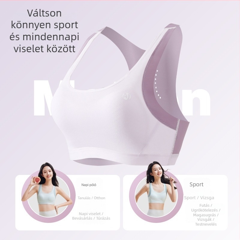 12–15 éveseknek szóló sportmelltartó mellény-stílusban: nylon anyag, 100% pamut bélés, teljes kosár, vékony formázott kosár, fix dupla vállpántok, lélegző és kényelmes.