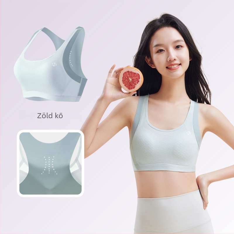 12–15 éveseknek szóló sportmelltartó mellény-stílusban: nylon anyag, 100% pamut bélés, teljes kosár, vékony formázott kosár, fix dupla vállpántok, lélegző és kényelmes.